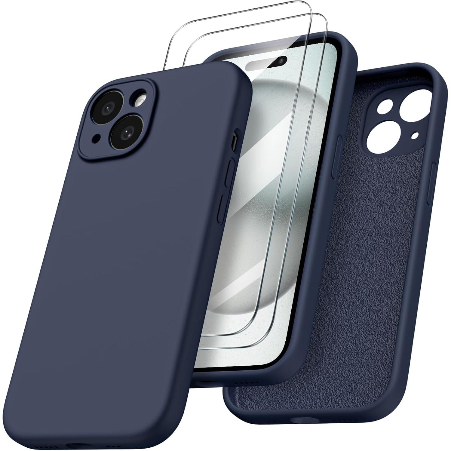 iPhone 15 Hoesje 6.1 Inch – Siliconen Telefoonhoes Midnight Blue – Met 2x Screenprotector – Schokbestendige Volledige Bescherming – Zachte Vloeibare Silicone Backcover – Krasbestendig Antistof Hoes Voor Apple iPhone 15