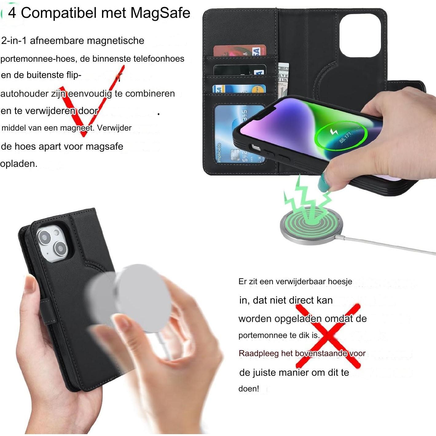 Beschermende Hoesje iPhone 15 Plus Magsafe Compatibel - Kaarthouder Flip Cover Lederen Portemonnee Case - Verwijderbare Cover Mannen - Stijlvolle Telefoon Accessoire Heren - Magnetische Sluiting - Mode Telefoonhoesje Portemonneehouder