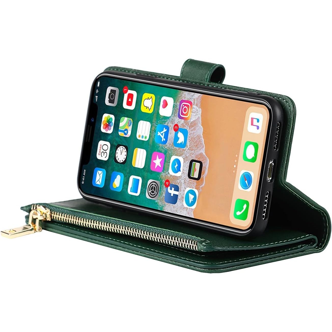 Praktisch Mobiel Hoesje met Strap voor iPhone X/XS - Multifunctionele Flip Leren Portemonnee Case - Beschermende Cover met [9 Kaartvakken] en Magnetische Sluiting - Donker Design - Handige Telefoonketting Accessoire voor Stijlvolle Bescherming