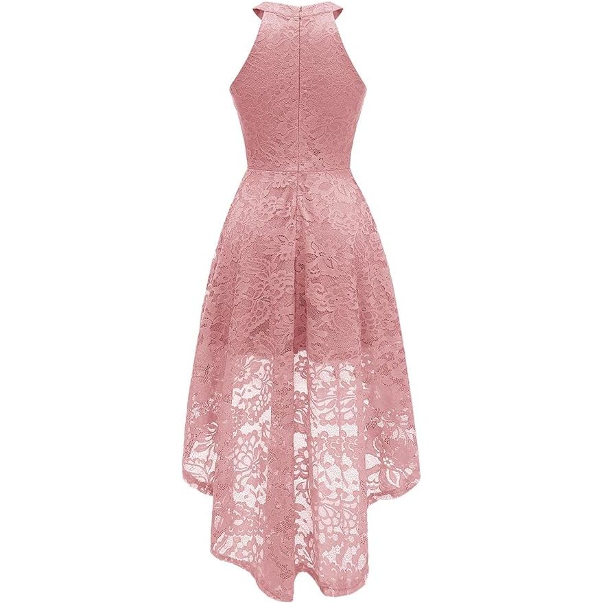 Dames Halter Kantjurk – Hi-Lo Cocktailjurk Voor Feest En Bruiloft – Mouwloze Formele Jurk Met Bloemenkant – Elegante Avondjurk Met Rugrits – Halterjurk Voor Party Date Night Diner Valentijn Galafeest Bridesmaid Outfit - Roze