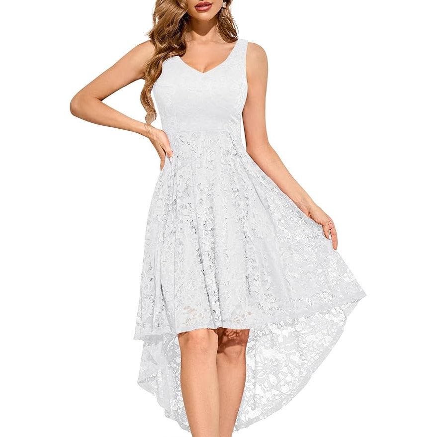 Cocktailjurk Voor Dames – Maat S – V-Hals Hoog-Laag Jurk Met Kant En A-Lijn Snit – Elegante Mouwloze Jurk Met Verwijderbare Ceintuur – Knielengte Vooraan En Enkellengte Achteraan – Perfect Voor Feest, Bruiloft, Prom, Avond Of Galagelegenheden