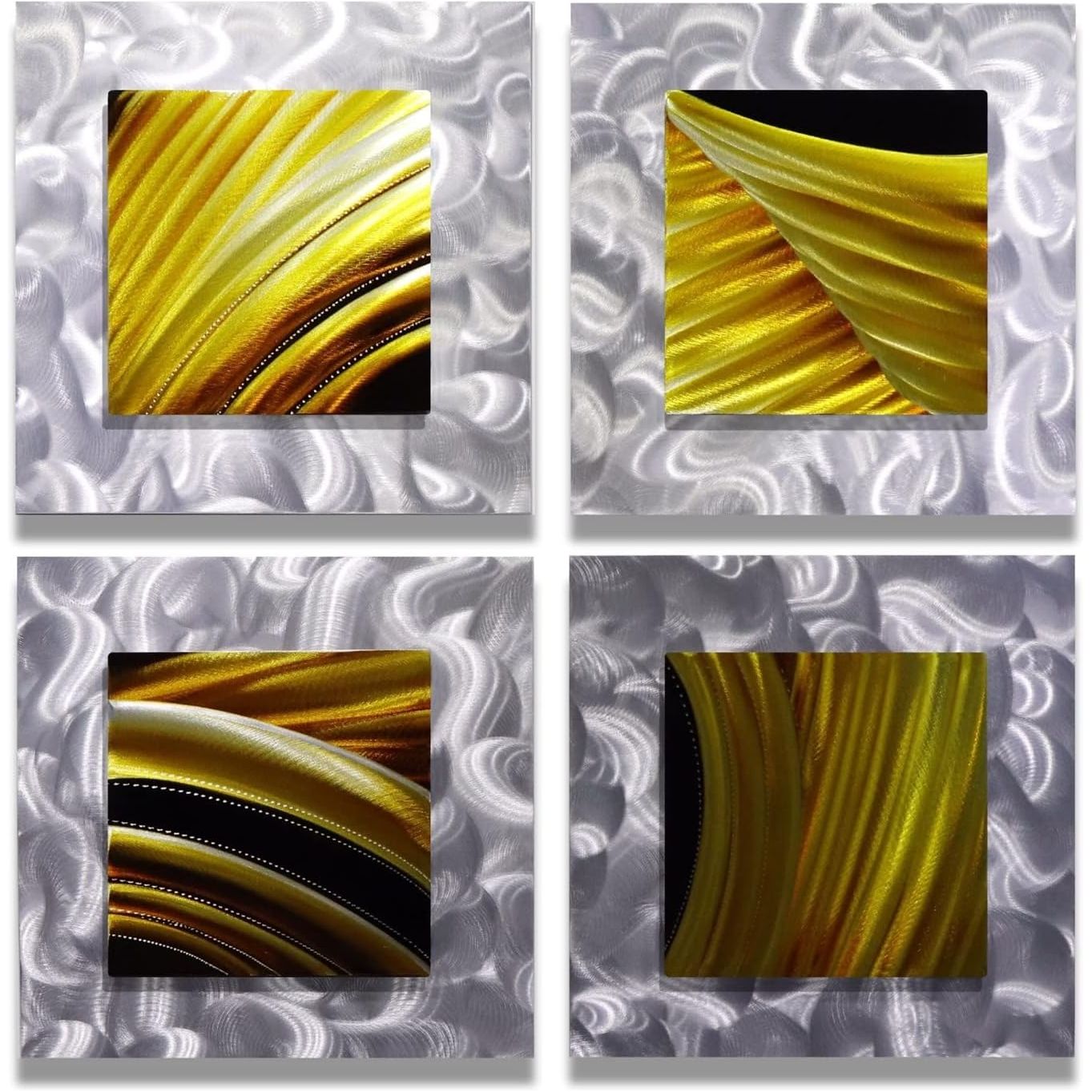 4 Stuks - 3D-Metaal Schilderijen - Aluminium Wanddecoratie - Handgemaakt - Zandgepolijst - Wandpanelen - 40 x 40 cm per Paneel - Abstracte Wandkunst - Bladeren Motief - Moderne Muurdecoratie - Woonkamer Slaapkamer Kantoor