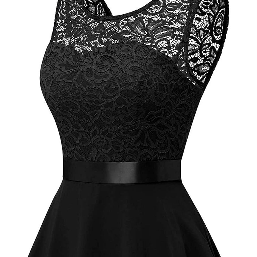 Dames Elegante Mouwloze Kantjurk - Maat XS – Cocktailjurk Met Bloemenpatroon – A-Lijn Feestjurk Met Ceintuur – Jurk Voor Bruiloft Galafeest Avondfeest Of Date – Chiffon Swingjurk Met Kant Bovenstuk En Onregelmatige Zoom