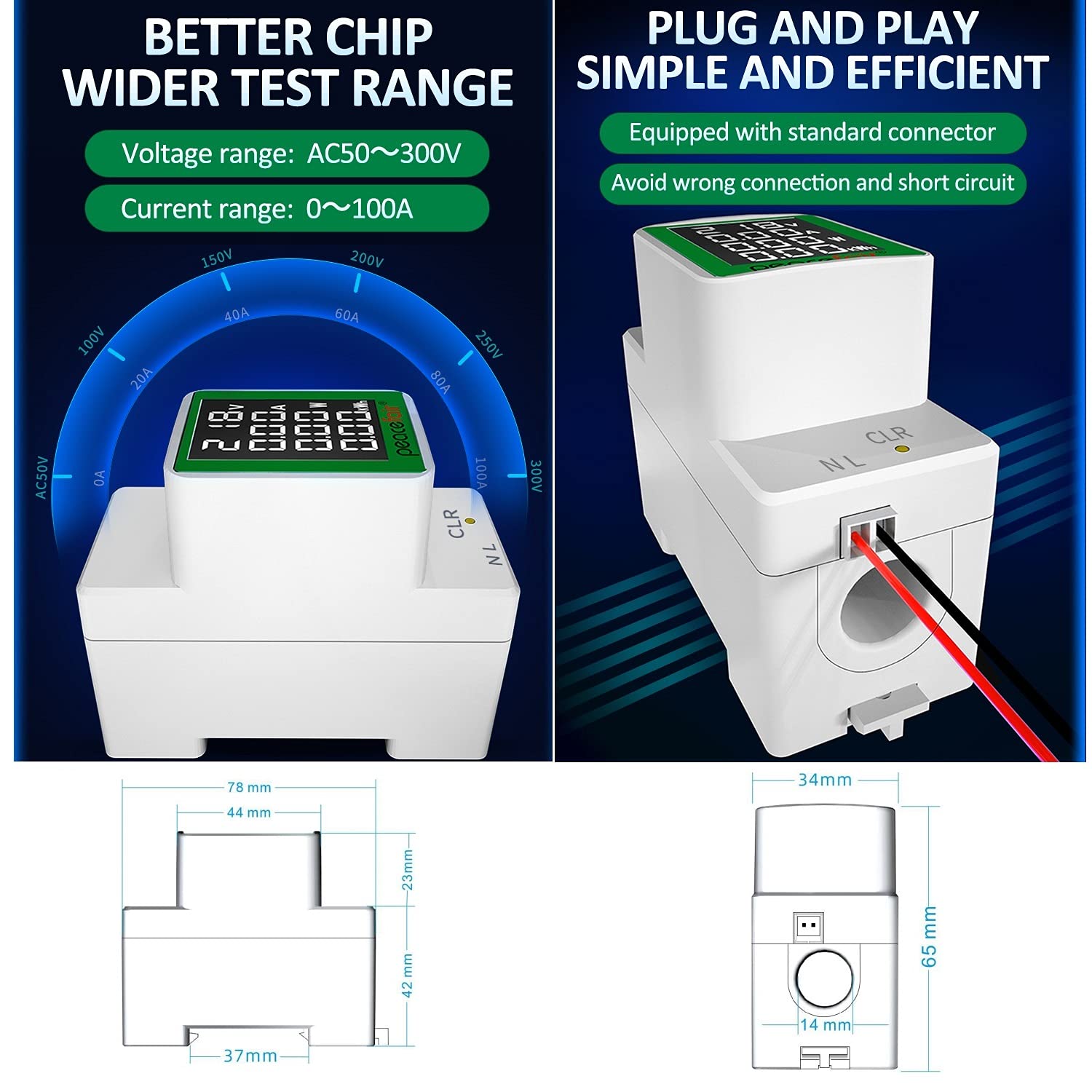 1 Stuk Geavanceerde AC Din Rail Energiemeter: Digitale Multimeter & Elektriciteitsverbruik Monitor - AC Voltmeter en Ammeter 50-300V 0-100A met Ingebouwde Stroomtransformator