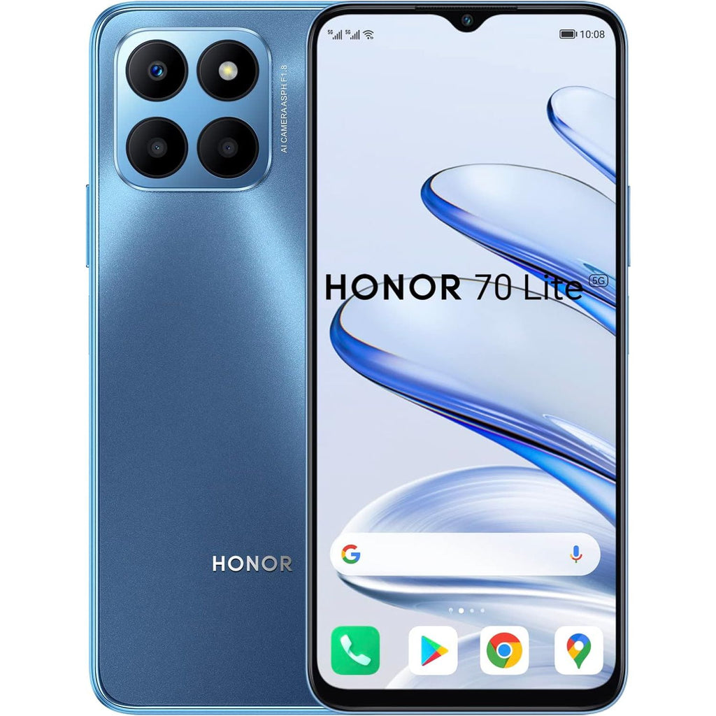 Honor 70 Lite Dual SIM - 5G Android 12 Smartphone - 6.5 Inch FullView Display - 4GB RAM, 128GB Opslag - Qualcomm Snapdragon 480 Plus - 50MP Triple Camera - 5000mAh Batterij - USB Type-C, Snelle Opladen - Blauw - Waterbestendig