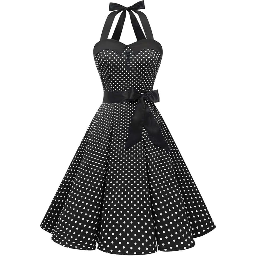 1950s Vintage Polkadot Swing Jurk - Maat L – Retro Cocktailjurk – Halterstijl – Elastische Rug Met Bandage en Verborgen Ritssluiting – Knielang – Perfect Voor Bruiloften, Proms, Feestjes en Thema-evenementen