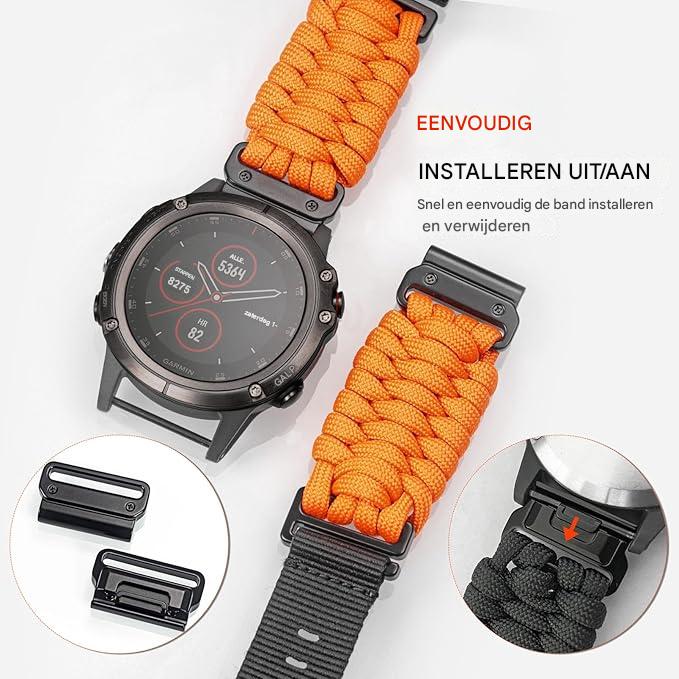 Compatibele 22mm / 26mm Gevlochten Paracord Nylon Horlogeband Voor Garmin – Outdoor Smartwatch Band - Snelsluiting – Geschikt Voor Fenix 7/6/5 Series, Forerunner 955/965/745, MARQ, Epix, Instinct, Quatix, Approach – Heavy Duty Survival Band – Oranje