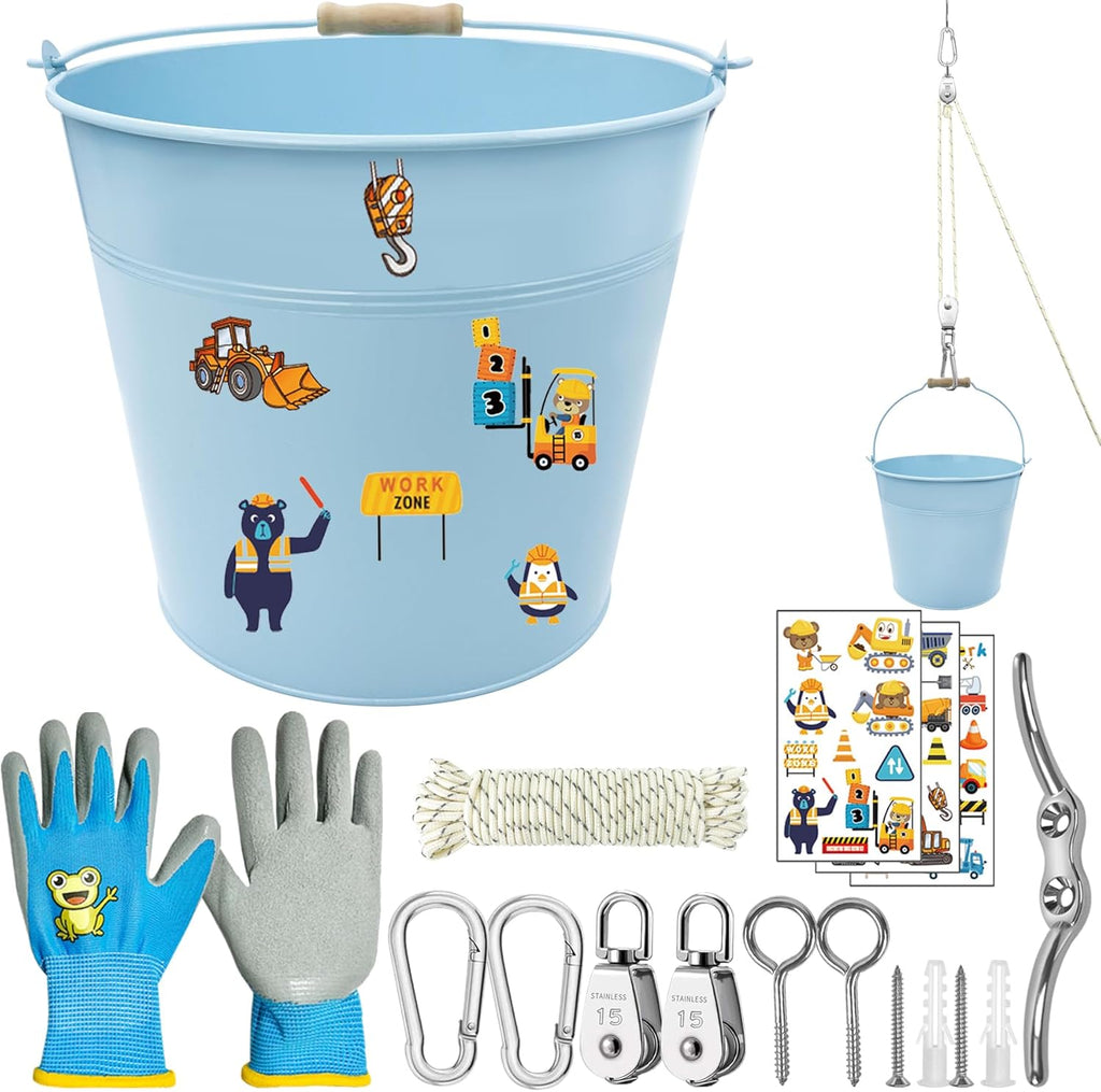 Kinderen Katrol Set met Metalen Emmer - Compleet Katrolsysteem met Touw en Accessoires - Educatief Tuinspeelgoed voor Kinderen vanaf 3 Jaar - Voor Boomhut en Speeltoren - Inclusief Handschoenen en DIY Stickers - 10m Touw