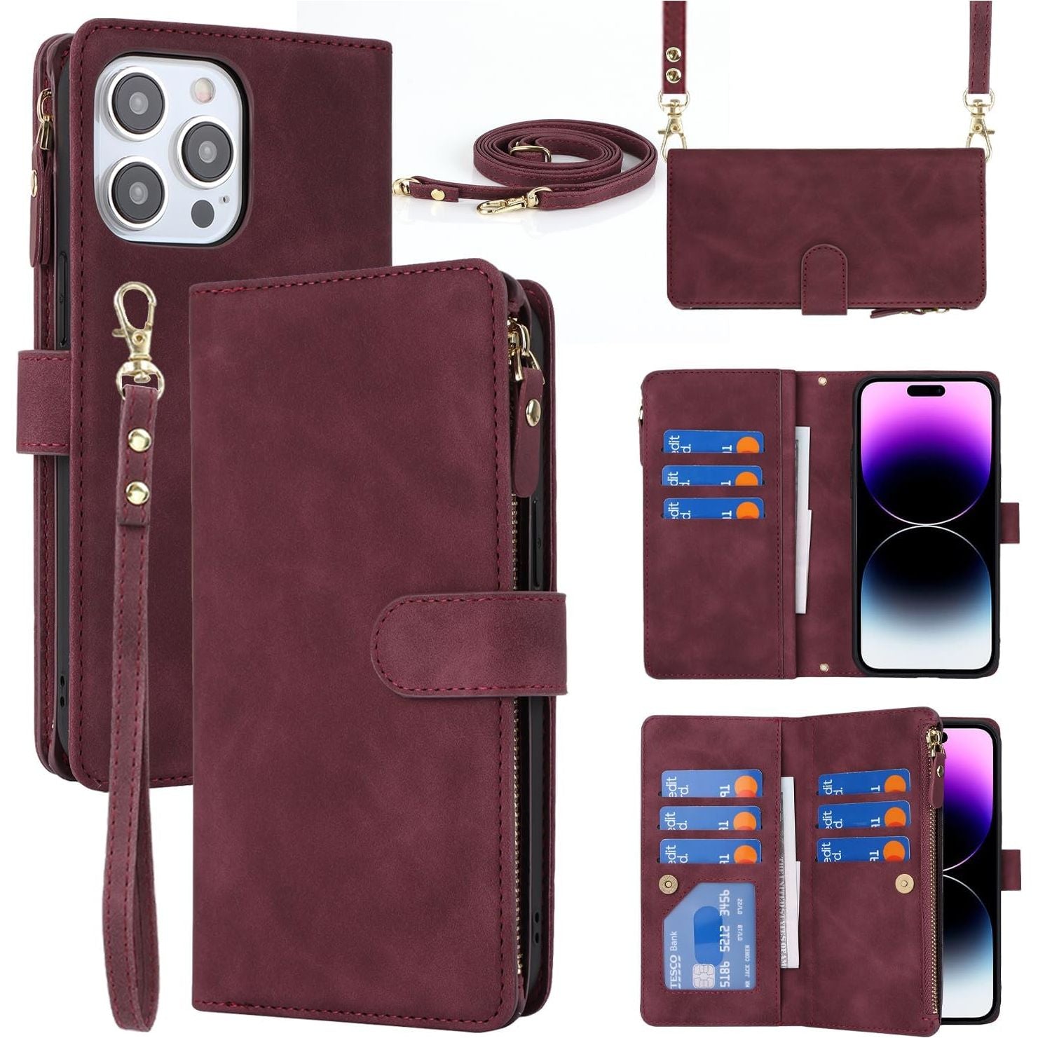 iPhone 15 Pro Hoesje Met Lanyard - iPhone 15 Pro Case - Flip Wallet Lederen Hoes - 9 Kaartsleuven - Dubbele Magnetische Sluiting - Beschermende Cover Voor iPhone 15 Pro Max - Rood - Shockproof TPU Magnetische Beschermhoes