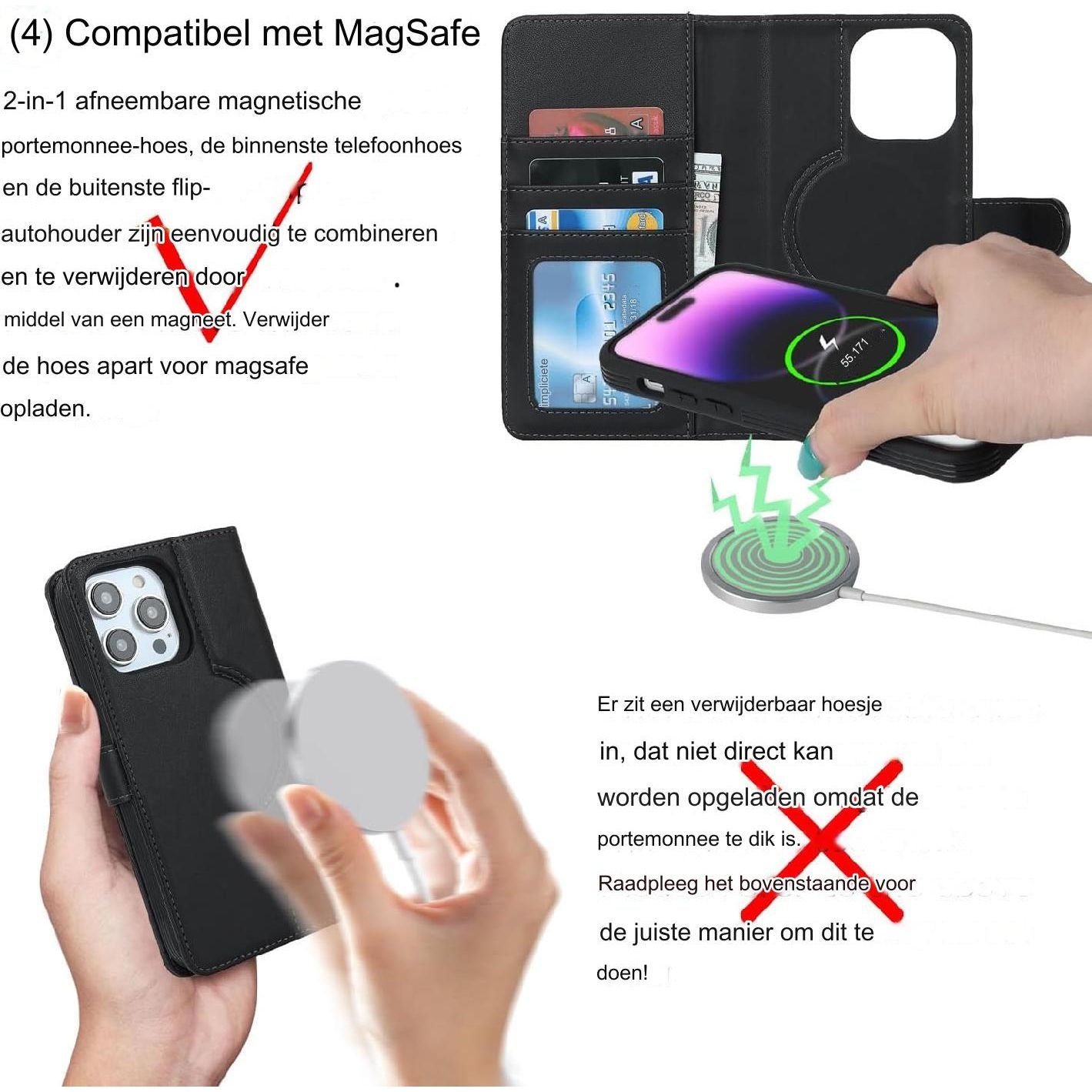 Beschermende Hoesje iPhone 15 Pro Magsafe Compatibel - Kaarthouder Flip Cover Lederen Portemonnee Case - Verwijderbare Cover Mannen - Stijlvolle Telefoon Accessoire Heren - Magnetische Sluiting - Mode Telefoonhoesje Portemonneehouder