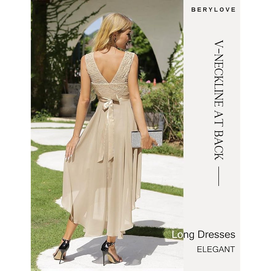 Elegante Mouwloze Hi-Lo Jurk – Kant en Chiffon Cocktailjurk – A-Lijn Galajurk met Ronde Hals – Champagnekleurig