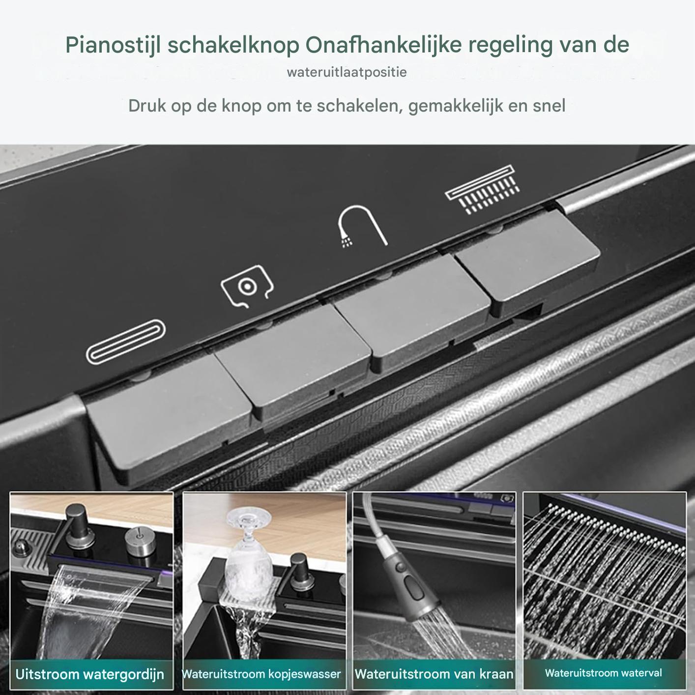 Zwarte Geïntegreerde Spoelbak – Luxe Werkstation Keukenspoelbak met Waterval, Kraan met Digitale Temperatuurweergave, Piano-schakelaarbediening en Volledige Accessoireset (68 cm)