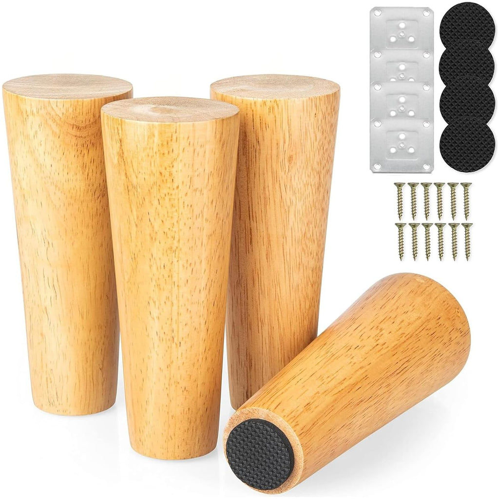 4 Stuks Houten Meubelpoten 8 cm - Eiken - Ronde Vorm - Met Montageplaat Schroeven en Antislip Pads - Robuuste Tafelpoten Bankpoten Bedpoten Kastpoten DIY Meubeldecoratie