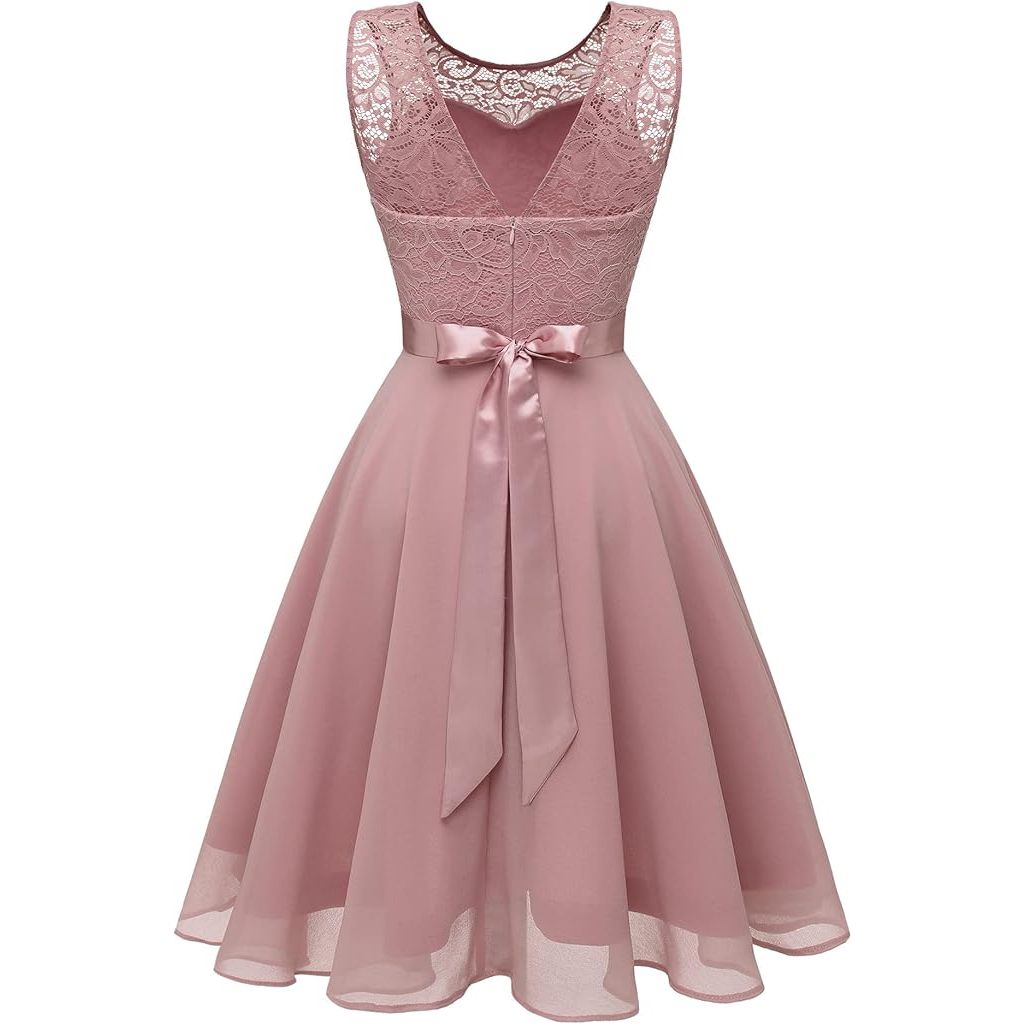 Elegante Damesjurk Van Kant En Chiffon – BeryLove Cocktailjurk Tot Op De Knie – Mouwloze Bridesmaid Dress Met V-Hals En Strikceintuur – Voor Feest, Bruiloft, Diner Of Avond – Luchtig, Zacht En Ademend – Transparant Kant Op Rug En Schouders