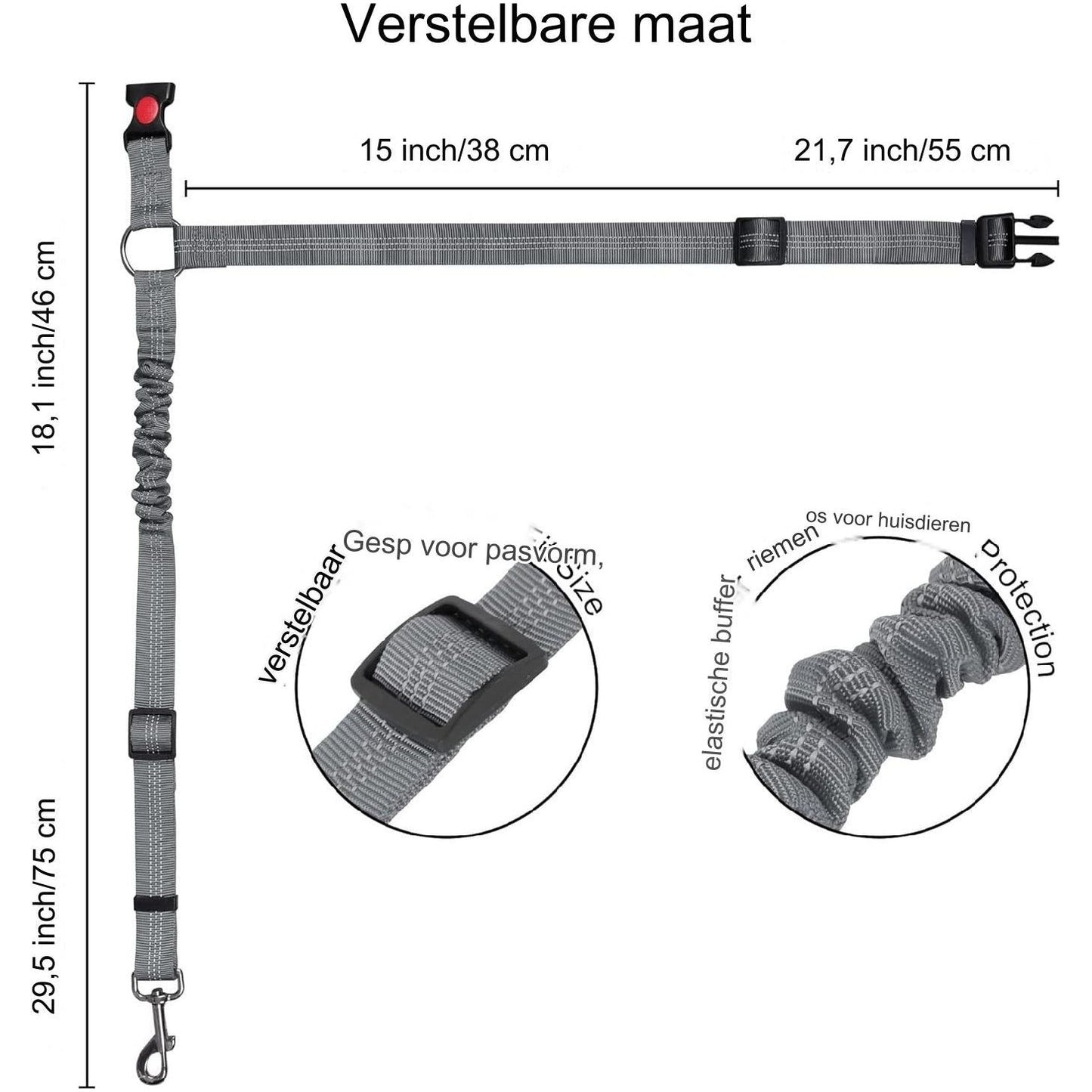 1 Stuk - Verstelbare Hoofdsteun Honden Autogordel - Elastische Autoveiligheidsgordel Voor Honden en Katten - Sterke Nylon Bungee Buffer Hondentuigje - Grijs - Geschikt Voor Kleine, Middelgrote en Grote Huisdieren - Veilig Reizen Met Huisdieren