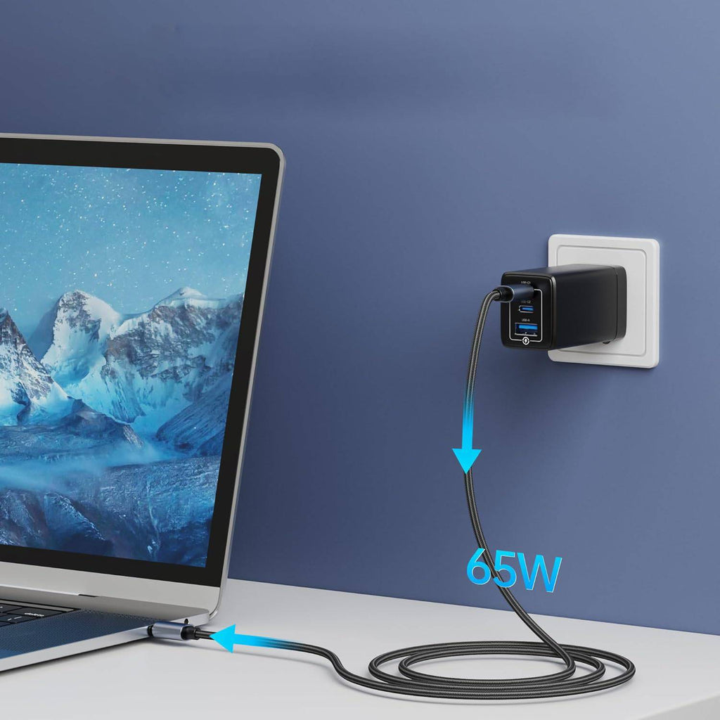 65W - Krachtige - USB-C Snellader met GaN-Technologie en 140W Type-C Kabel - 3-Poorts PD3.0 Oplader - Compatibel met iPhone 15/14/13/12, iPad Pro, Air, Galaxy S