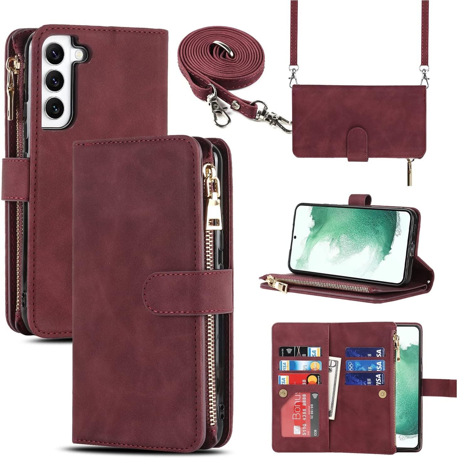 Beschermend Mobiel Hoesje met Riem voor Samsung S22 Plus - Flip Lederen Portemonnee Telefoonhoes - 9 Kaartsleuven - Magnetische Sluiting - Beschermende Flip Case voor Samsung Galaxy S22 Plus - Rood Design - Stijlvolle Telefoonketting Accessoire