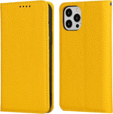 Elegante Beschermhoes voor iPhone 12/12 Pro - Stijlvol Omklapbaar Echt Lederen Portemonnee Hoesje, [4 Sleuven voor Kaarten][Magnetische Sluiting], Modieuze Gele Hoes met Flap voor ultieme Bescherming en Functionaliteit