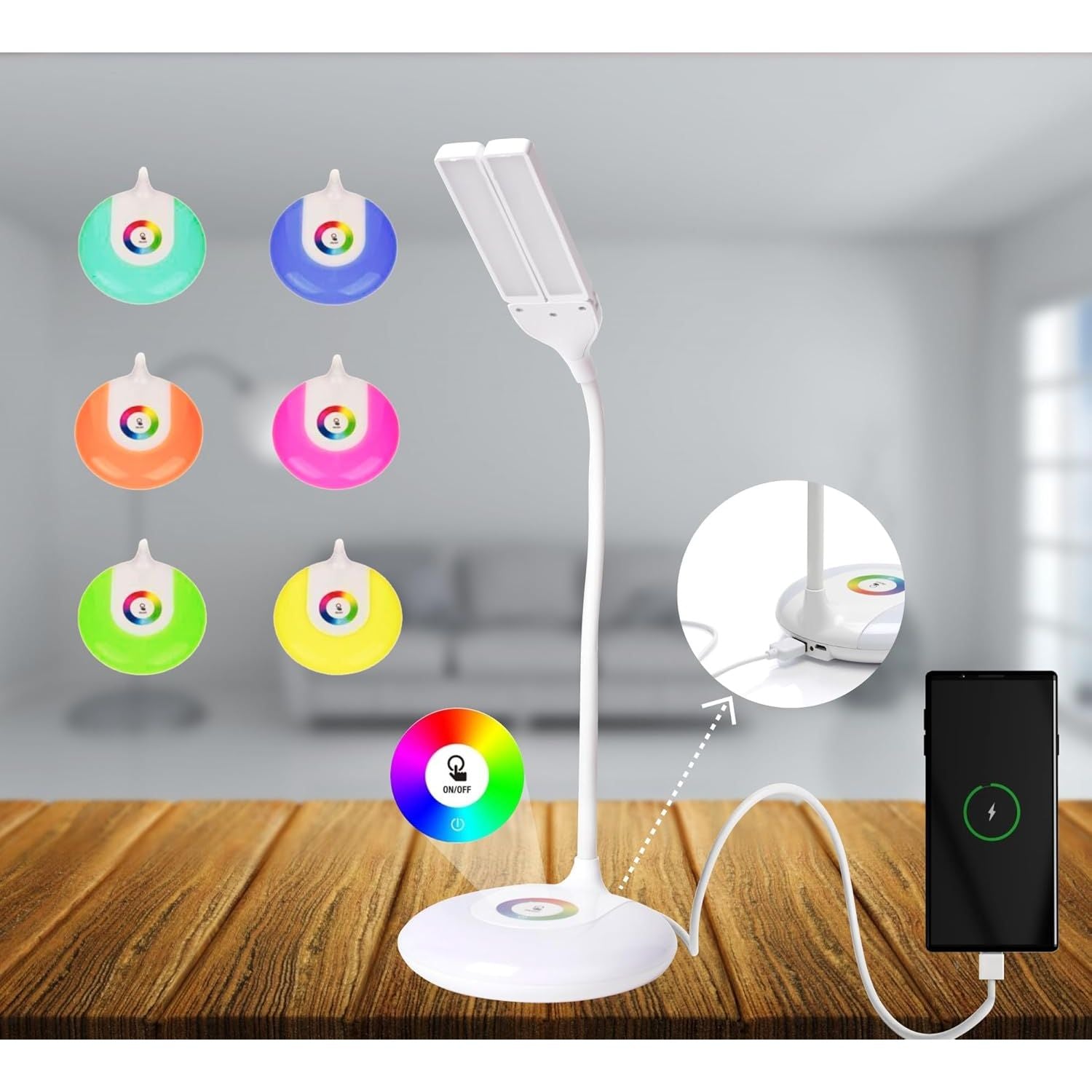 O'goods LED bureaulamp oplaadbaar – RGB nachtlamp met flexibele zwanenhals – 140 lumen dimbare tafellamp – verstelbare dubbele lampkop – USB oplaadpoort bureaulamp – touch bediening – draadloze bureau verlichting