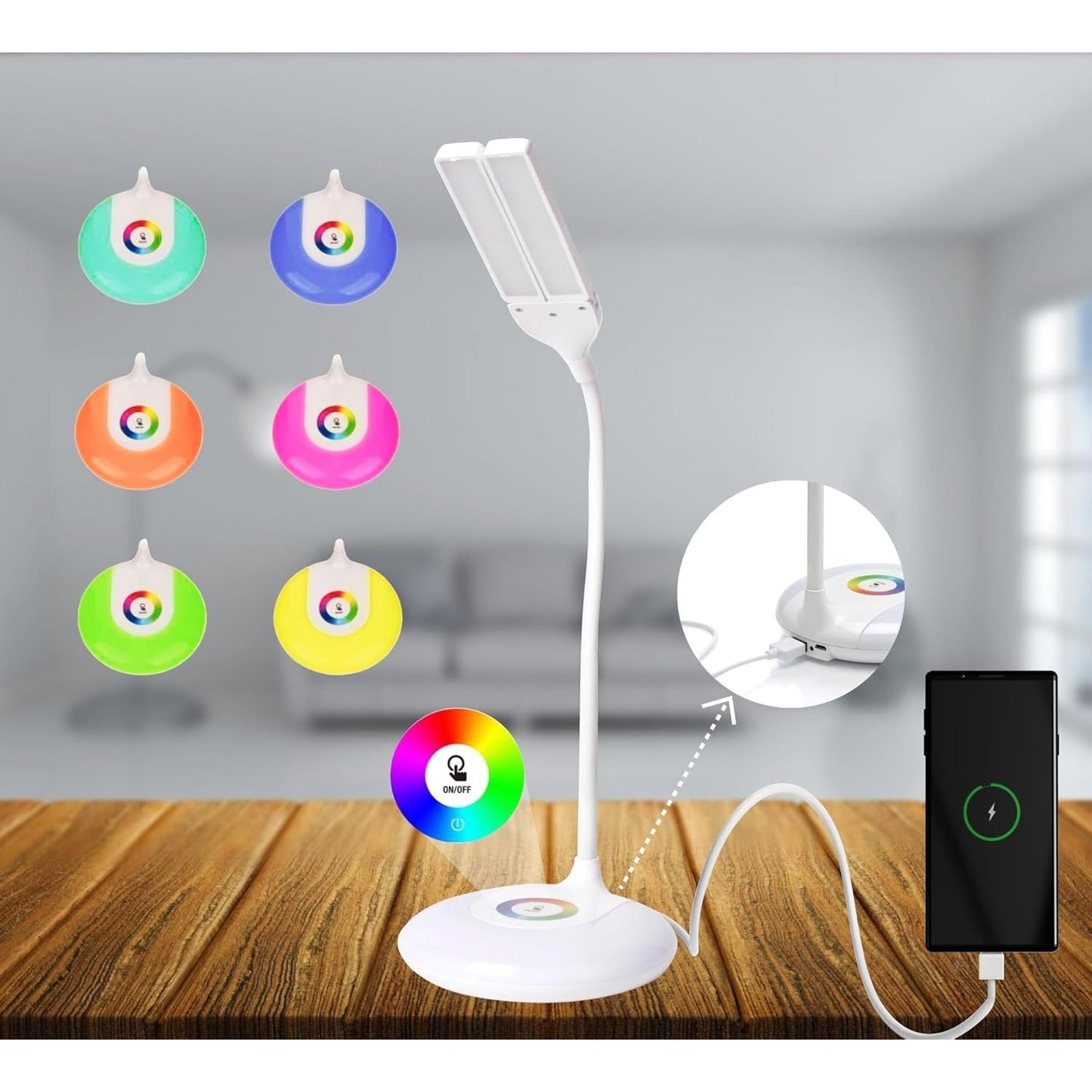 O'goods LED bureaulamp oplaadbaar – RGB nachtlamp met flexibele zwanenhals – 140 lumen dimbare tafellamp – verstelbare dubbele lampkop – USB oplaadpoort bureaulamp – touch bediening – draadloze bureau verlichting