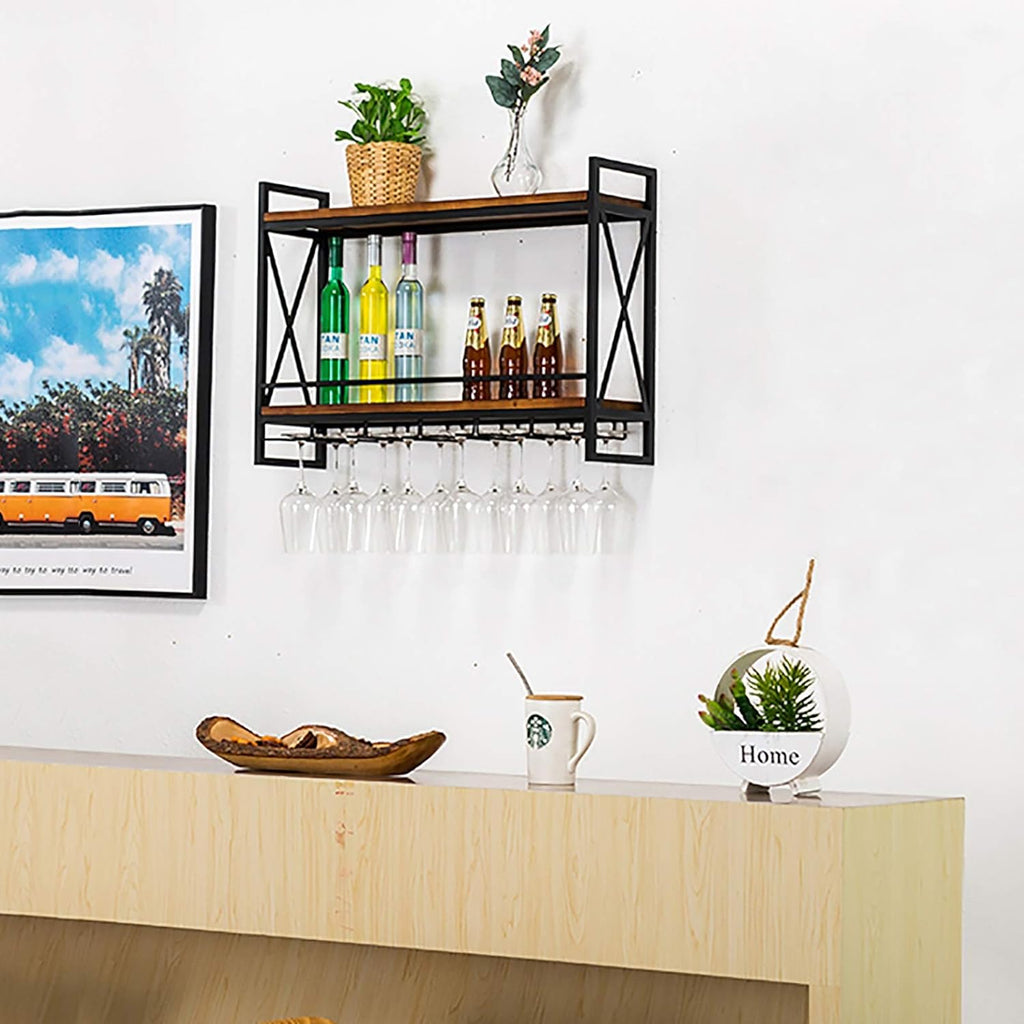 Industriële Stijl Metalen Wijnrek - Wandbevestiging, Wijn- en Glashouder, Zwart IJzer met Houten Planken, 60x20x53 cm