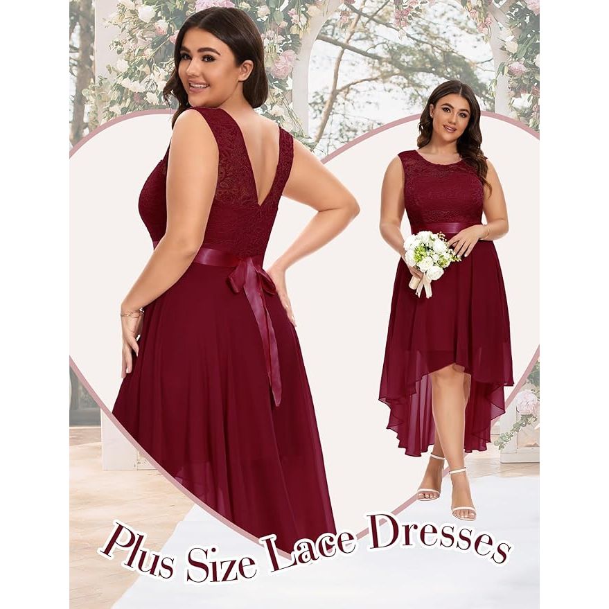Elegante Asymmetrische Cocktailjurk – Mouwloze Chiffon Avondjurk met Kant – Perfect voor Bruiloften, Feesten en Formele Gelegenheden - Wijn Rood