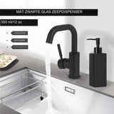 Zwarte Glazen Zeepdispenser Met Vierkante Vorm - RVS Pomp Voor Handzeep En Afwasmiddel - 12 oz (350 ml) Navulbare Zeepdispenser - Stijlvol Ontwerp Voor Badkamer Of Keuken - Duurzame En Luxe Glazen Dispenser Met Roestvrijstalen Pomp