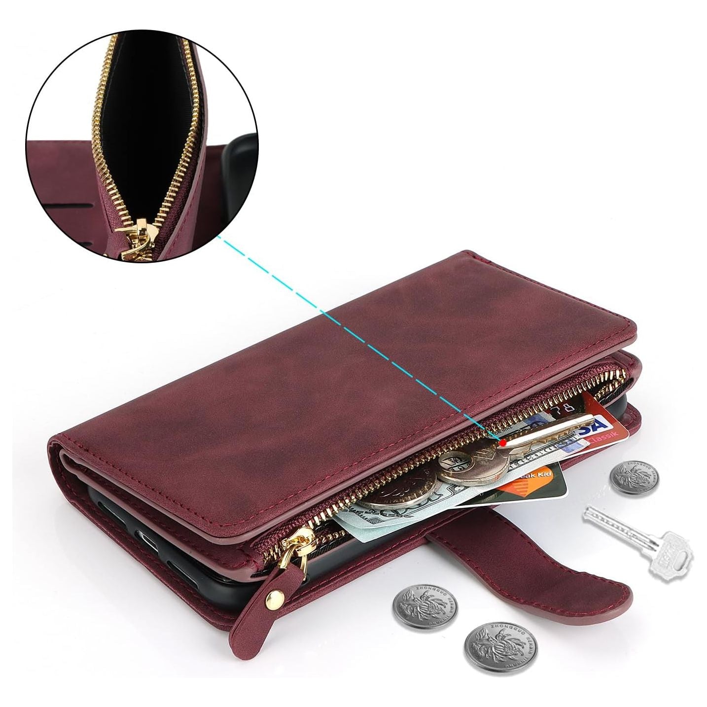 iPhone 15 Pro Hoesje Met Lanyard - iPhone 15 Pro Case - Flip Wallet Lederen Hoes - 9 Kaartsleuven - Dubbele Magnetische Sluiting - Beschermende Cover Voor iPhone 15 Pro Max - Rood - Shockproof TPU Magnetische Beschermhoes
