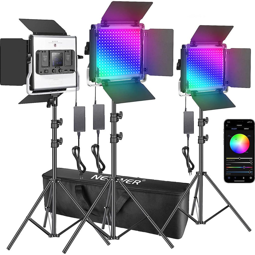 Set van 3 660 RGB LED-lampen met APP-bediening - Fotografie en Video Verlichtingsset - CRI95 - Instelbare Kleurtemperatuur