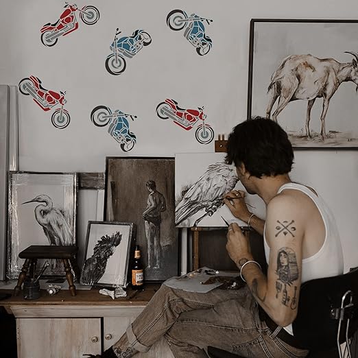 Motorfiets Sjablonen van FINGERINSPIRE: 29.7 x 21 cm, 2 Herbruikbare en Wasbare Auto Patronen voor Voertuigen en Muurdecoratie - Ideaal voor Tekenen, Verven en Huisversiering met Milieuvriendelijk PET Materiaal