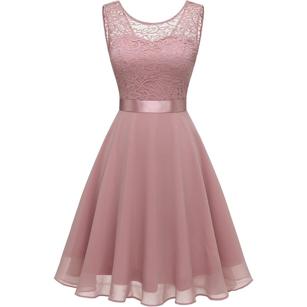 Elegante Damesjurk Van Kant En Chiffon – BeryLove Cocktailjurk Tot Op De Knie – Mouwloze Bridesmaid Dress Met V-Hals En Strikceintuur – Voor Feest, Bruiloft, Diner Of Avond – Luchtig, Zacht En Ademend – Transparant Kant Op Rug En Schouders