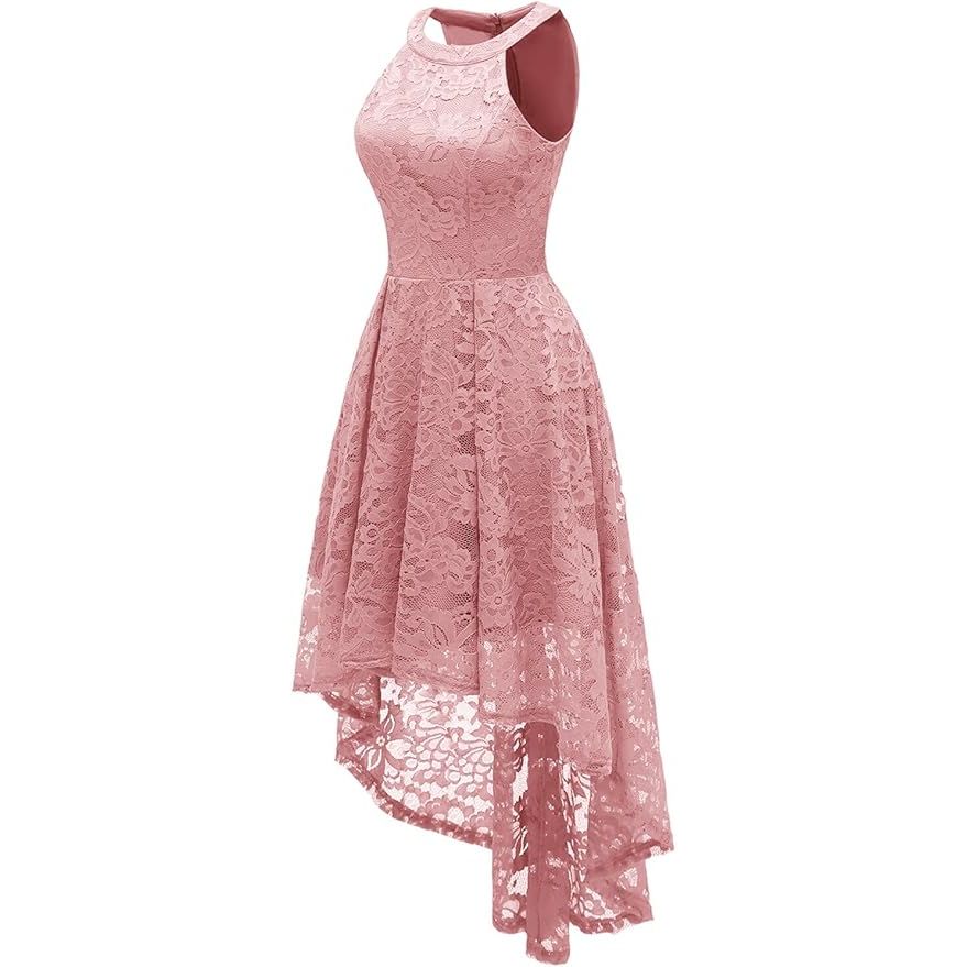 Dames Halter Kantjurk – Hi-Lo Cocktailjurk Voor Feest En Bruiloft – Mouwloze Formele Jurk Met Bloemenkant – Elegante Avondjurk Met Rugrits – Halterjurk Voor Party Date Night Diner Valentijn Galafeest Bridesmaid Outfit - Roze