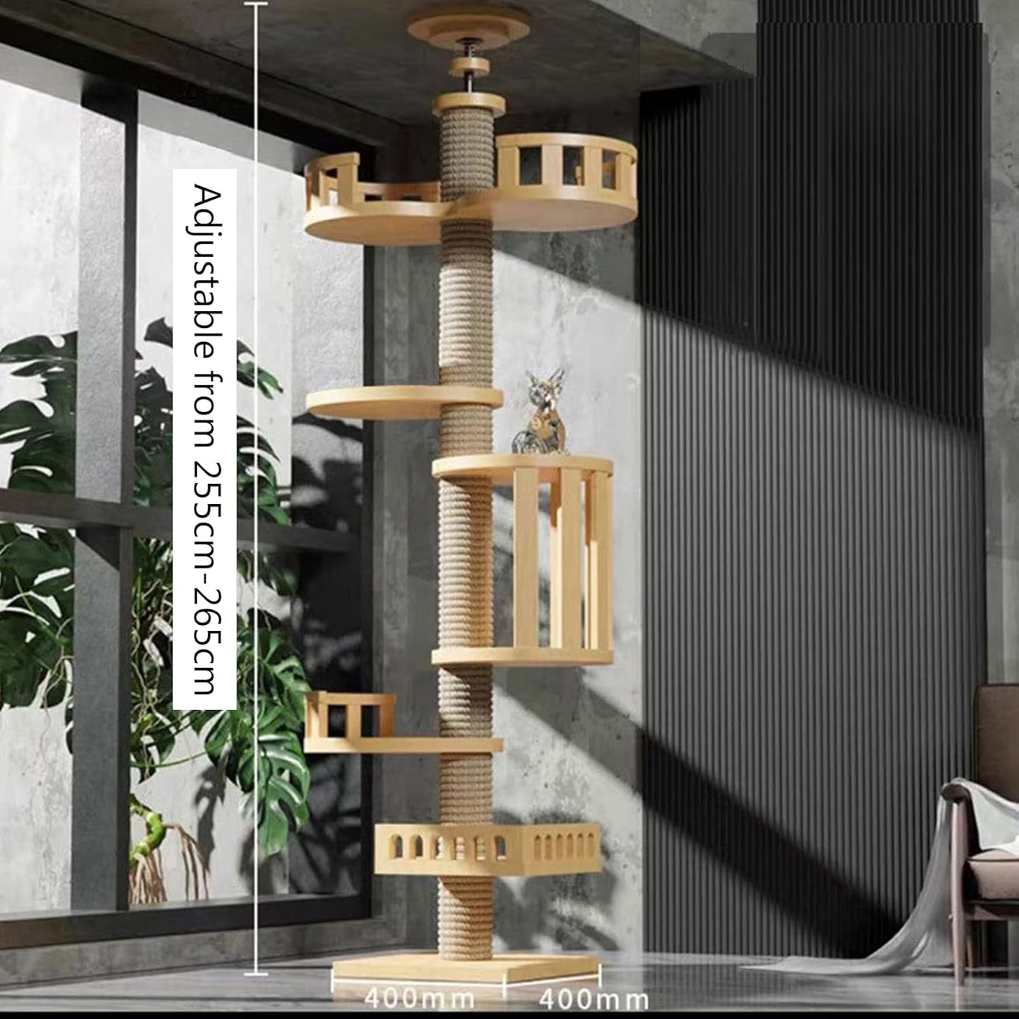 RUYICZB Kattenklimtoren van Vloer tot Plafond – Verstelbare Hoogte 255-265 cm (100-104 Inch), Luxe Kattenboom met Kattenhuis, Hangmat, Krabpalen en Speelplateaus – Ruimtebesparende Klimboom voor Binnenkatten