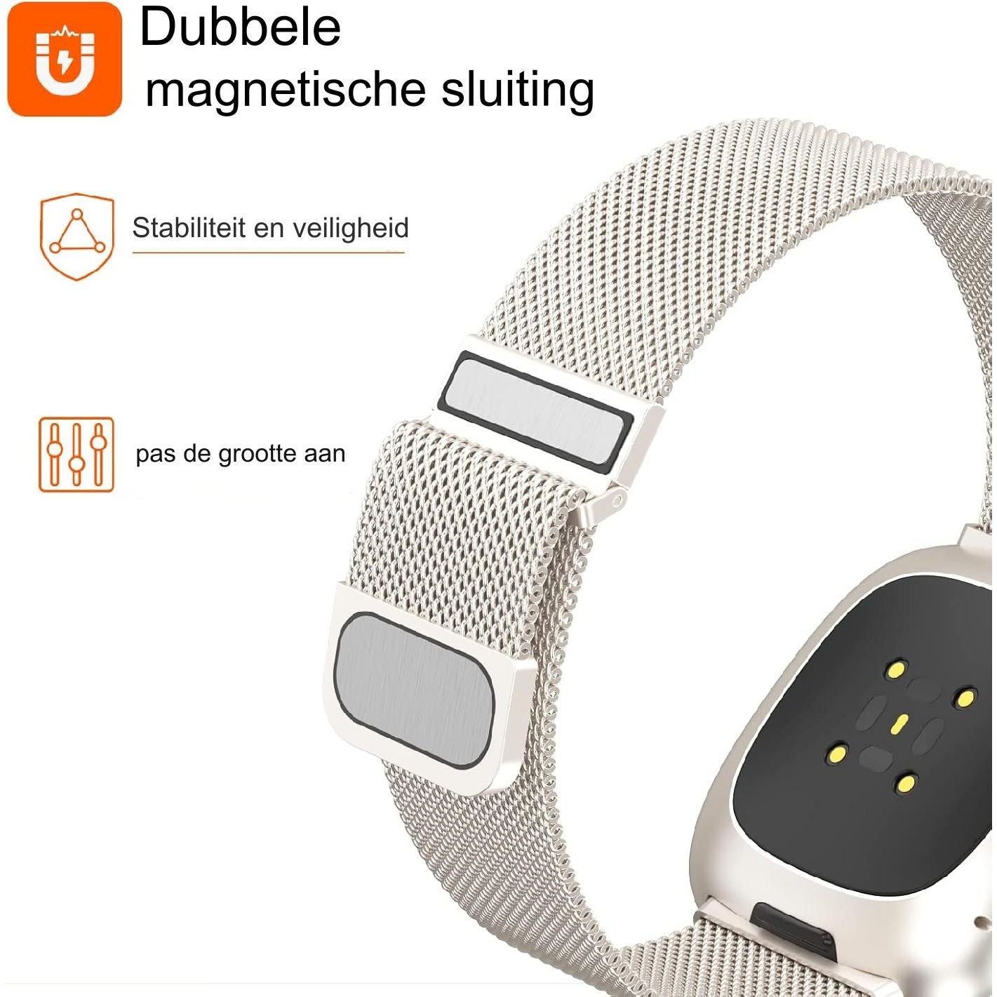 Verstelbare Roestvrijstalen Vervangende Bandjes met Dubbele Magnetische Sluiting - Compatibel met Fitbit Versa 3/Versa 4/Sense 2 - Luxe Zilver - Hoogwaardige Band voor Dames en Heren - Comfortabele Pasvorm en Veilige Bevestiging