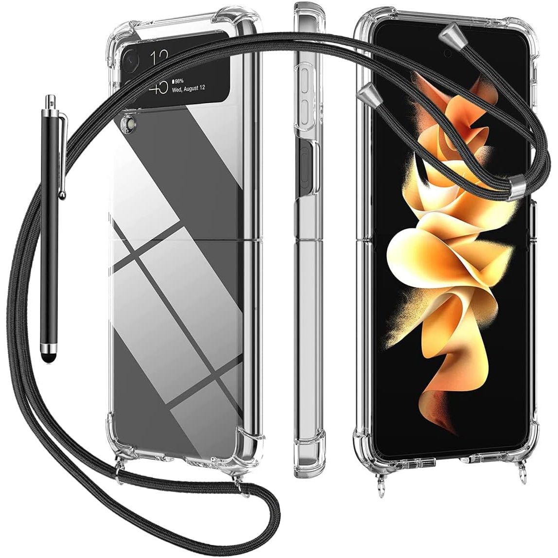 Samsung Galaxy Z Flip 4 5G Hoes met Afneembare Nekkoord - Transparant Siliconen Beschermhoes - Zwarte Verstelbare Draagkoord