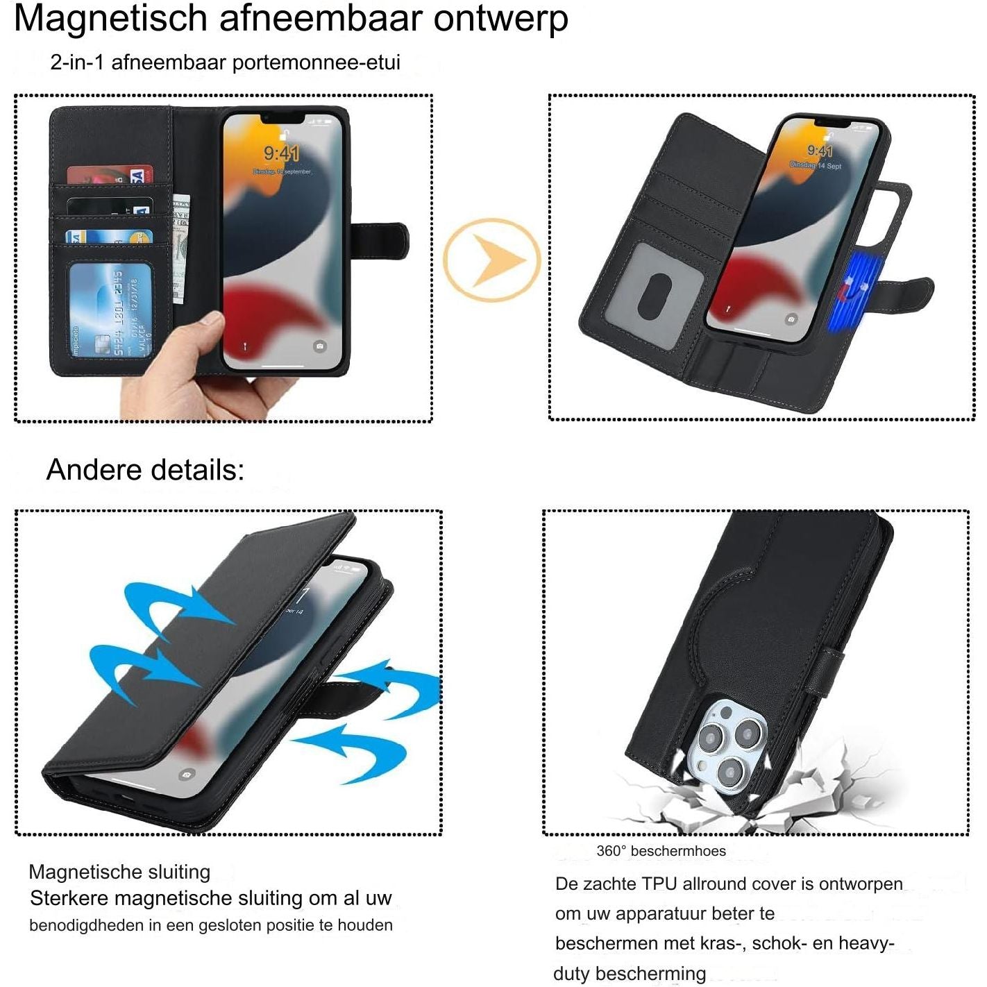 Beschermend Hoesje iPhone 13 Pro Magsafe Compatibel - Kaarthouder Flip Cover Lederen Portemonnee Case - Verwijderbare Cover Mannen - Stijlvolle Telefoon Accessoire Heren - Magnetische Sluiting - Mode Telefoonhoesje Portemonneehouder