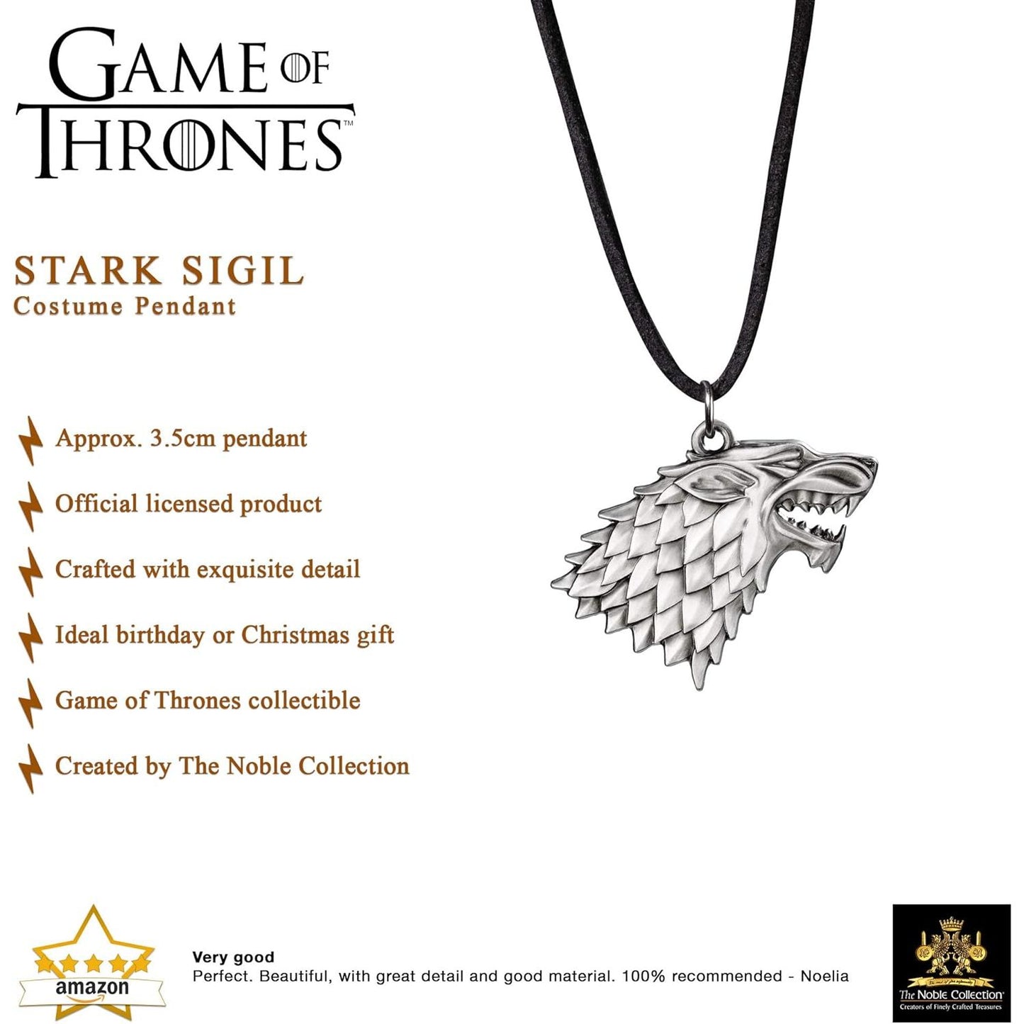 Stark Sigil Hanger - Game of Thrones Hanger met Direwolf - 3.5cm Ongepolijste Metalen Hanger met Synthetisch Leren Koord - Unieke House Stark Ketting