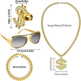 4 stuks - Hip-hop liefhebbers goud dollar sieraden set - Halsketting met dollarsymbool hanger, Kristallen dollar ring, Gouden schakelarmband, Stijlvolle brillen - Carnaval, Verkleedpartij, Alledaagse opvallende look