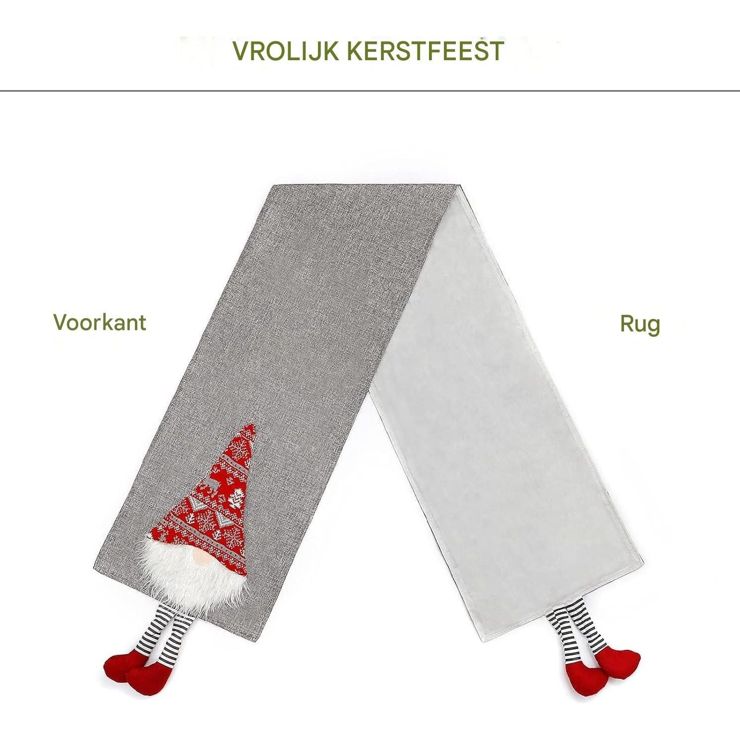 Kerst Tafelloper - 33x180 cm - Grijze Tafelloper met Kerstman Kabouters 3D Design - Katoen Linnen - Duurzaam en Rustiek - Perfect voor Kerstdecoratie en Feestelijke Tafels