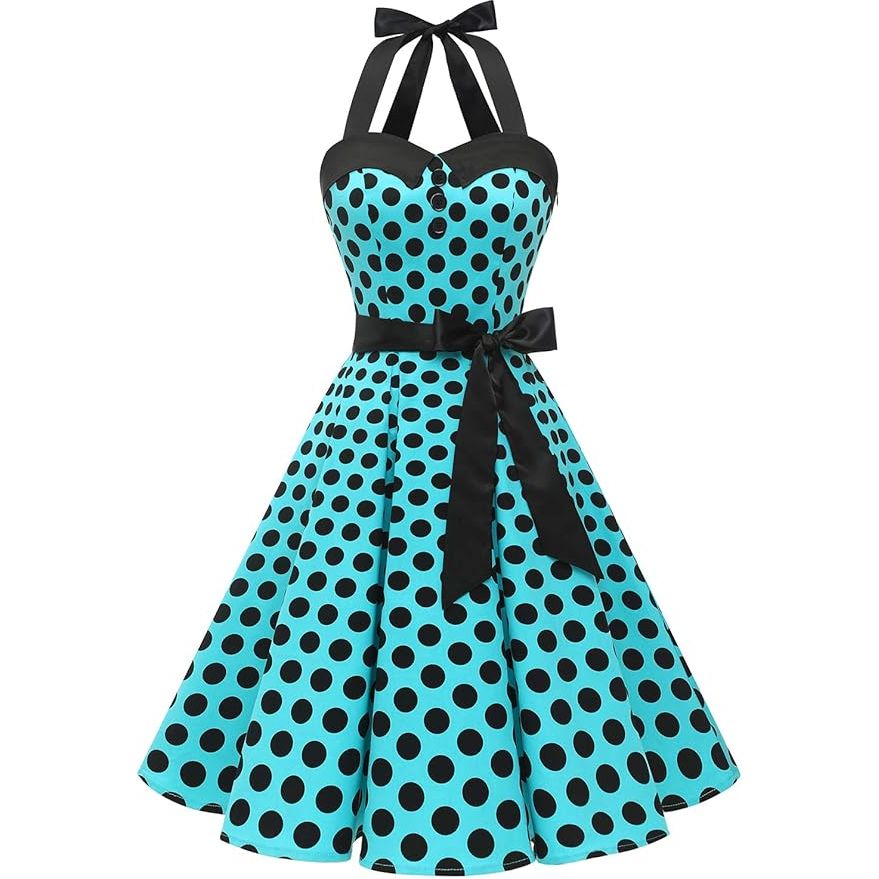 1950s Vintage Polkadot Swing Jurk - Maat L – Retro Cocktailjurk – Halterstijl – Elastische Rug Met Bandage en Verborgen Ritssluiting – Knielang – Perfect Voor Bruiloften, Proms, Feestjes en Thema-evenementen
