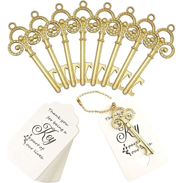 53-Delig Sleutelvormige Flesopeners Set - Gouden Vintage Skeletontwerp - Perfect voor Bruilofts- en Feestgeschenken met Begeleidende Kaarten en Sleutelhangers