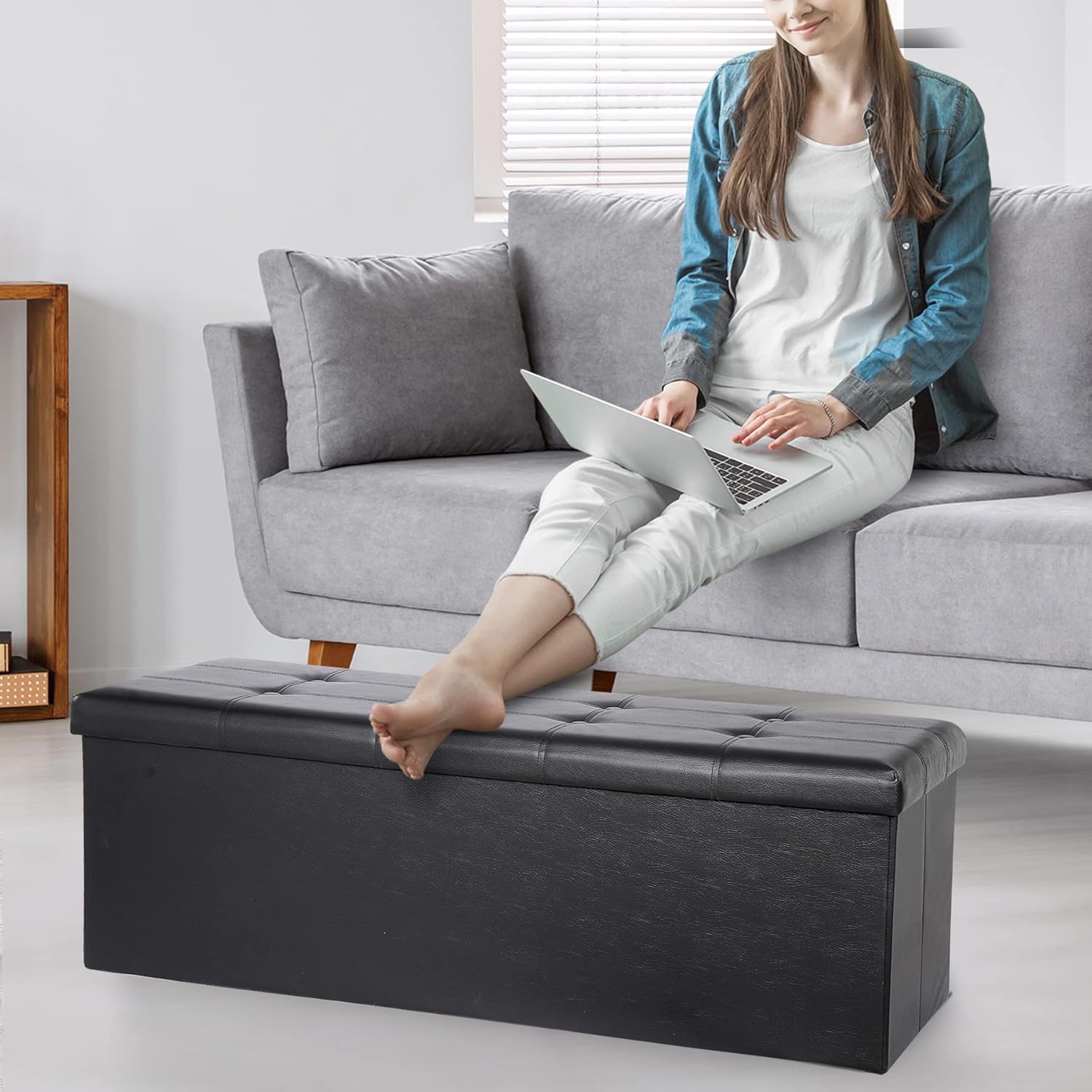 Opvouwbare Opberg Ottoman Bank – 110 cm Kunstleer Voetenbank met Opbergruimte en Gewatteerde Zitting – Draagbare Opbergbank tot 300 kg – Zwart – Voor Woonkamer, Slaapkamer of Hal