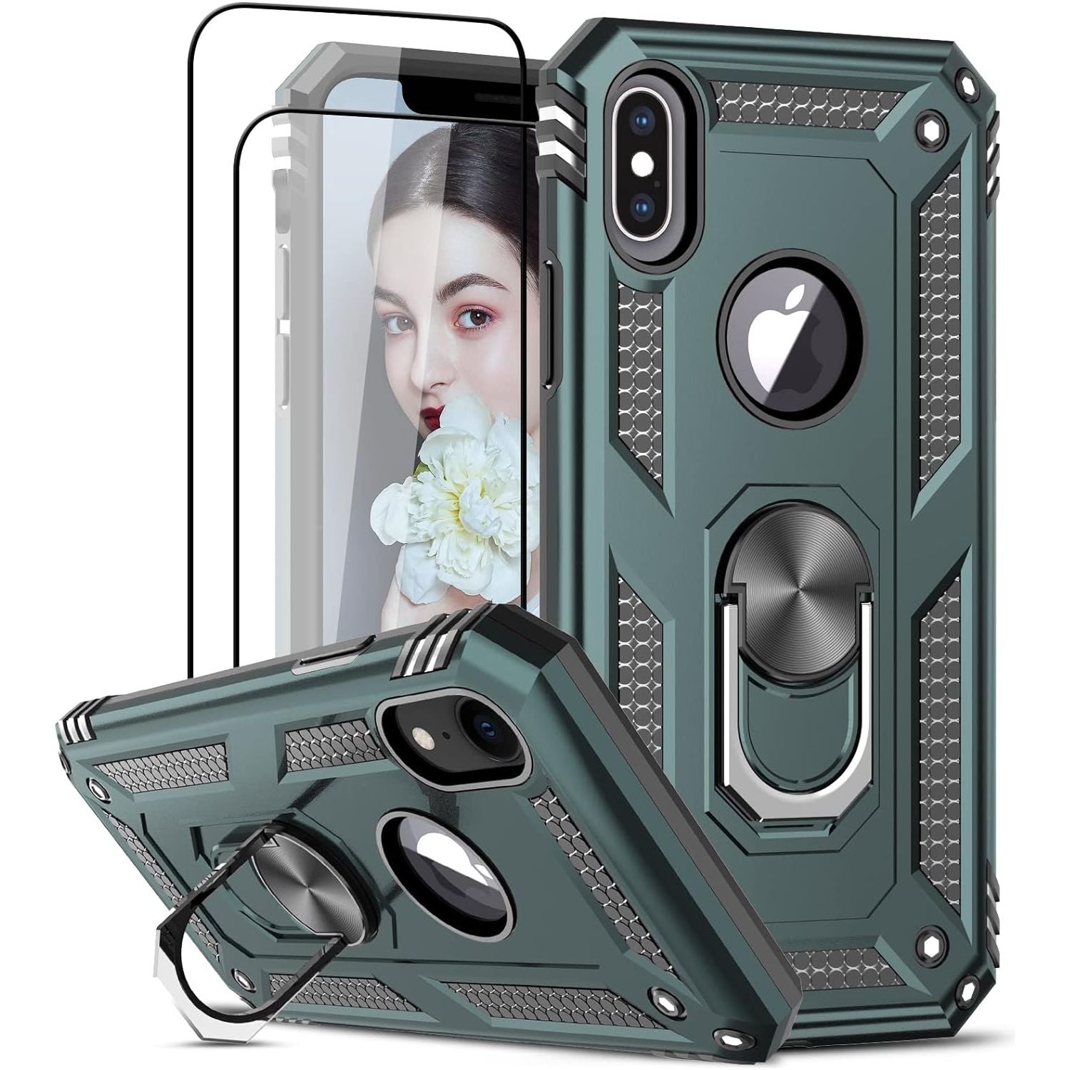 Heavy Duty Beschermhoesje + Screen Protector - Geschikt voor iPhone X / Mobiel Hoesje iPhone XS - met Gehard Glas Schermbeschermer, 360 Graden Ringhouder, Militaire Pantser Mobiele Telefoonhoesjes, Schokbestendige Cover, Beschermend Hoesje