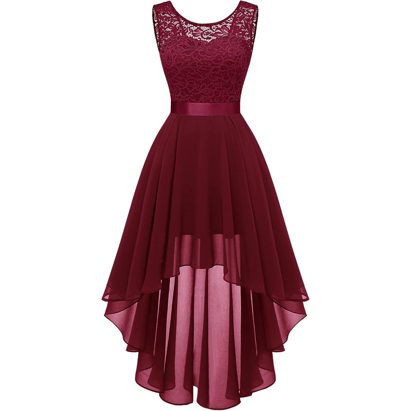 Elegante Asymmetrische Cocktailjurk – Mouwloze Chiffon Avondjurk met Kant – Perfect voor Bruiloften, Feesten en Formele Gelegenheden - Wijn Rood