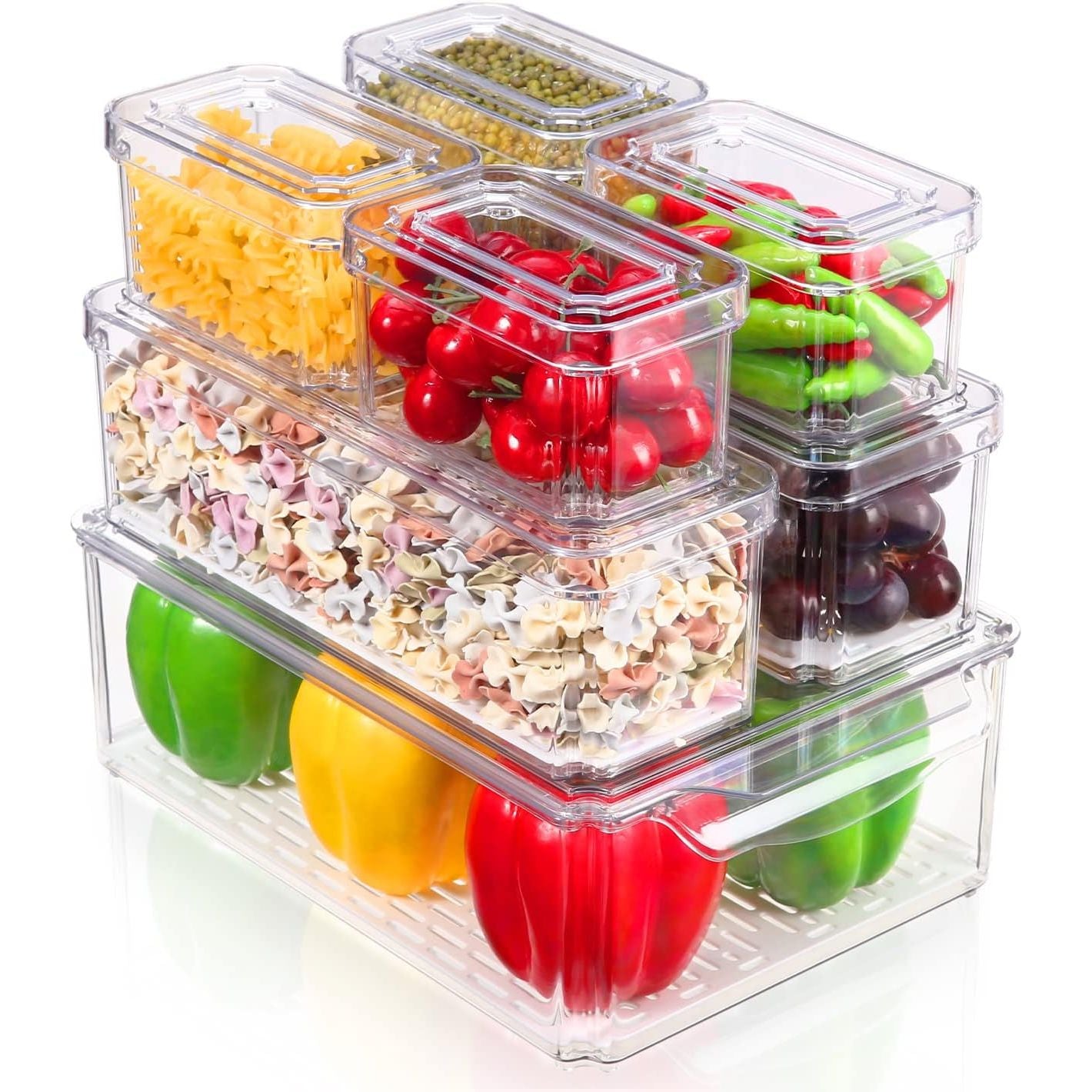 7-delige Koelkast Organizer Set – Stapelbare Opbergboxen In 4 Formaten – Transparante BPA-vrije Kunststof Bewaarbakjes Voor Koelkast, Vriezer, Keukenkast, Badkamer Of Kantoor – Lekvrij & Ruimtebesparend Opbergsysteem