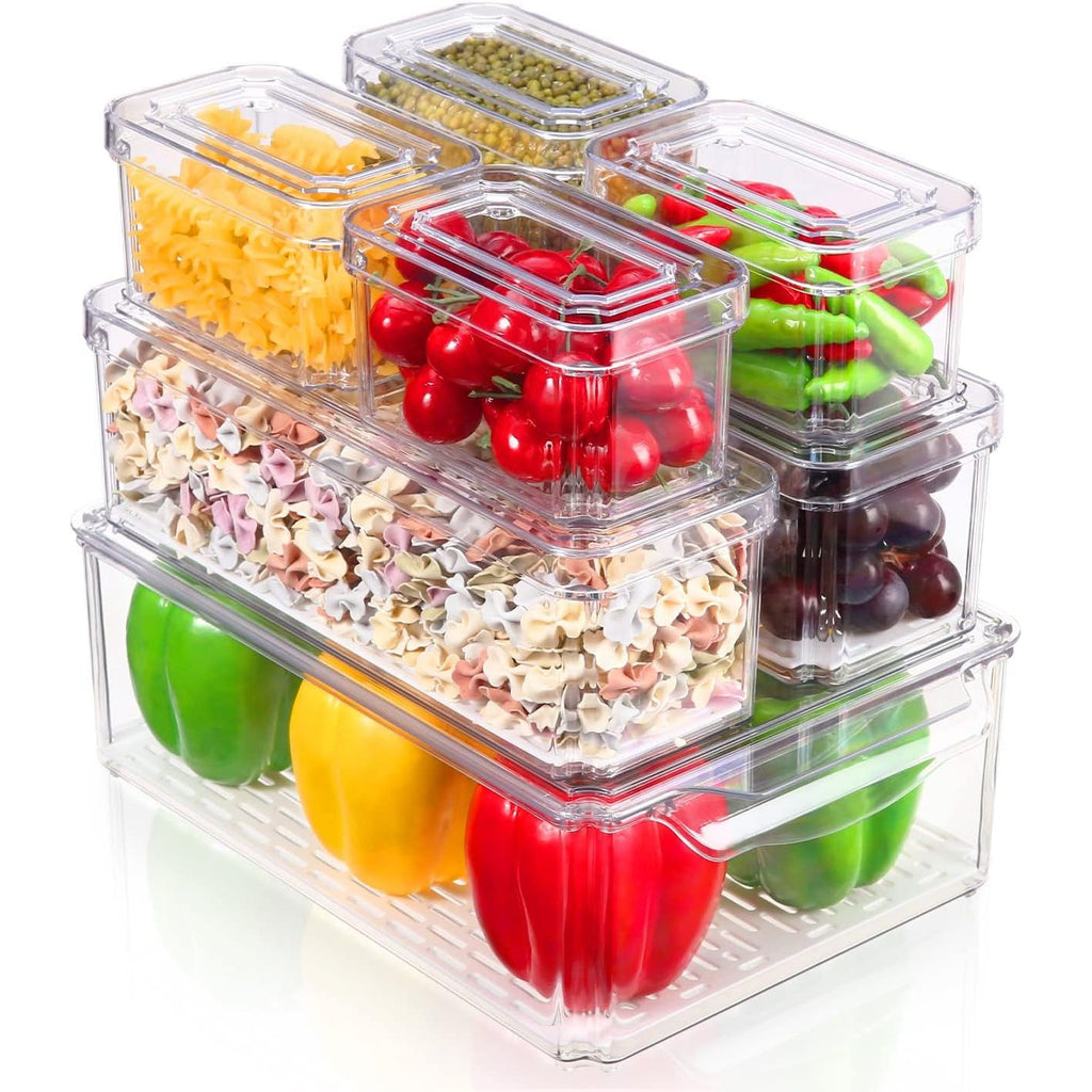 7-delige Koelkast Organizer Set – Stapelbare Opbergboxen In 4 Formaten – Transparante BPA-vrije Kunststof Bewaarbakjes Voor Koelkast, Vriezer, Keukenkast, Badkamer Of Kantoor – Lekvrij &amp; Ruimtebesparend Opbergsysteem