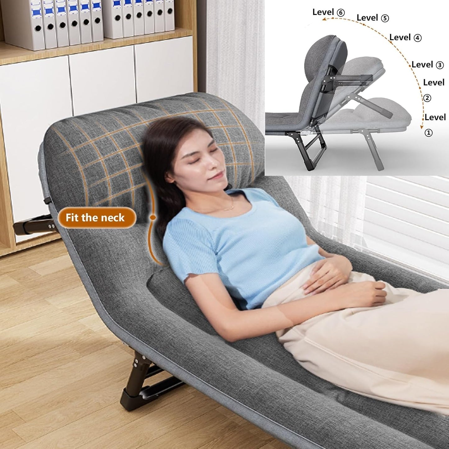 Opvouwbaar Logeerbed met Verstelbare Rugleuning – 6 Posities – Inklapbaar Bed met Matras en Zijvak – 180 × 66 × 30 cm – Voor Binnen &amp; Buiten, Kantoor of Reizen