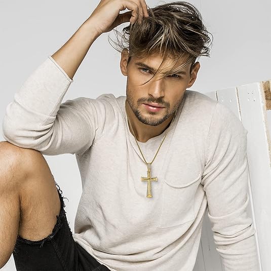 1 Stuk - Klassieke Kruis Hanger Ketting - Roestvrij Staal - Hoogglans Gepolijst - Voor Mannen en Jongens - 22-24 Inch Rolo Ketting - Zilver/Goud/Zwart - Verstelbaar - Religieuze Sieraden - Met Luxe Opbergzakje