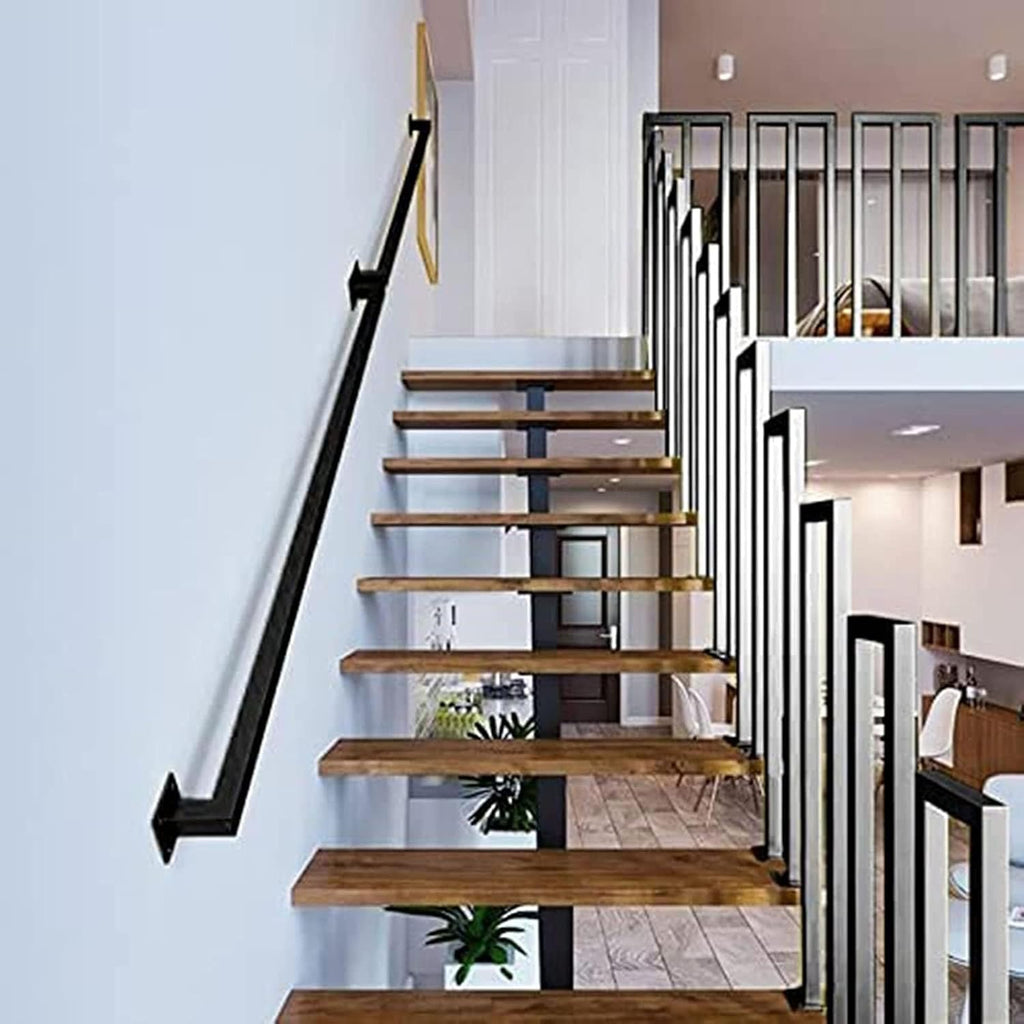 Moderne Trapleuning van Smeedijzer – Compleet Wandbevestigingspakket voor Binnen en Buiten – Sterke Metalen Leuning met Vierkante Buis en Antiroest Coating – Industrieel Design, Inclusief Bevestigingsmateriaal – Lengte 165 cm