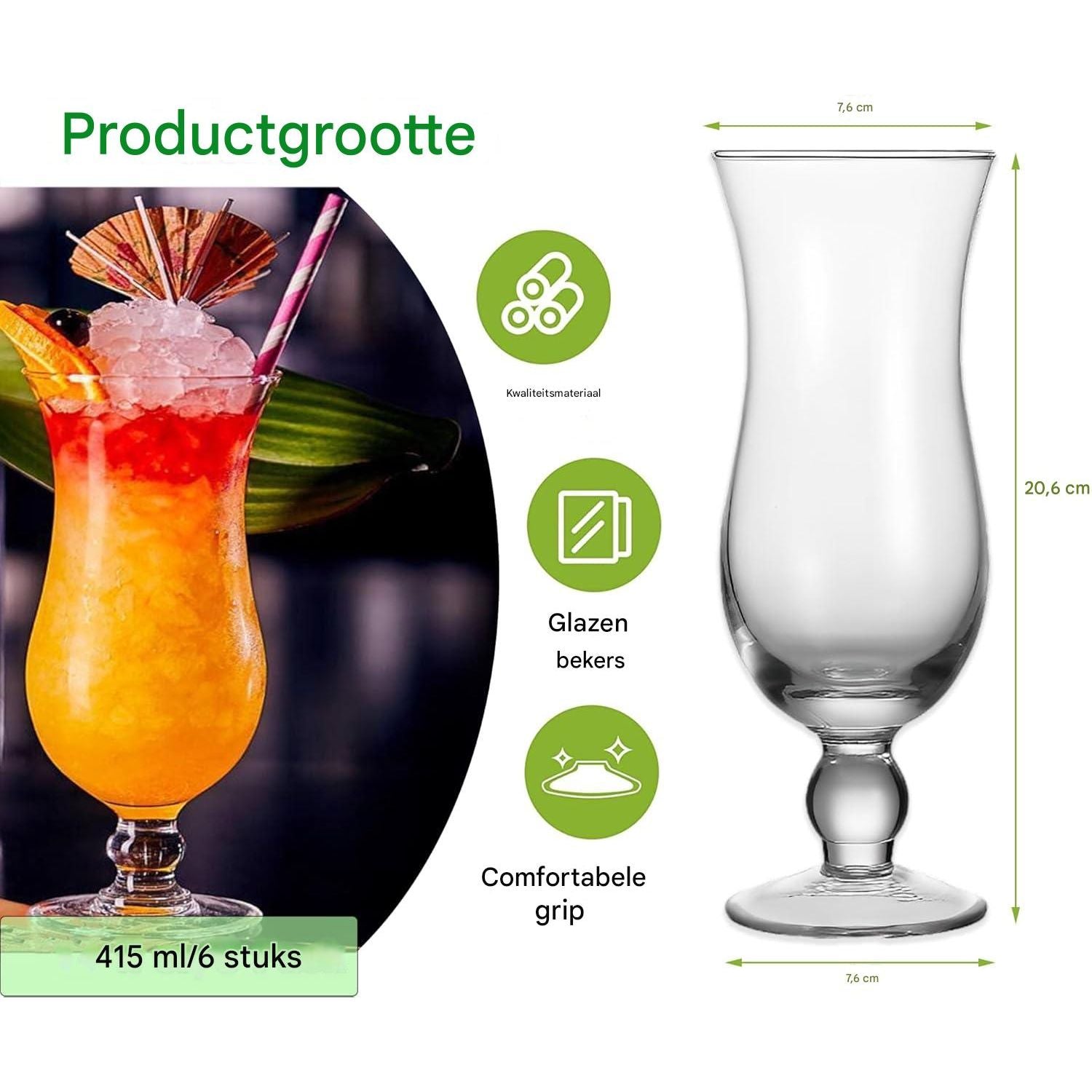 Set van 6 Pina Colada Cocktailglazen – Elegante Hurricane Glazen van 400 ml – Stevig Glas voor Tropische Dranken, Milkshakes, Daiquiri’s & Margaritas – Perfect voor Feestjes, Bars en Restaurants